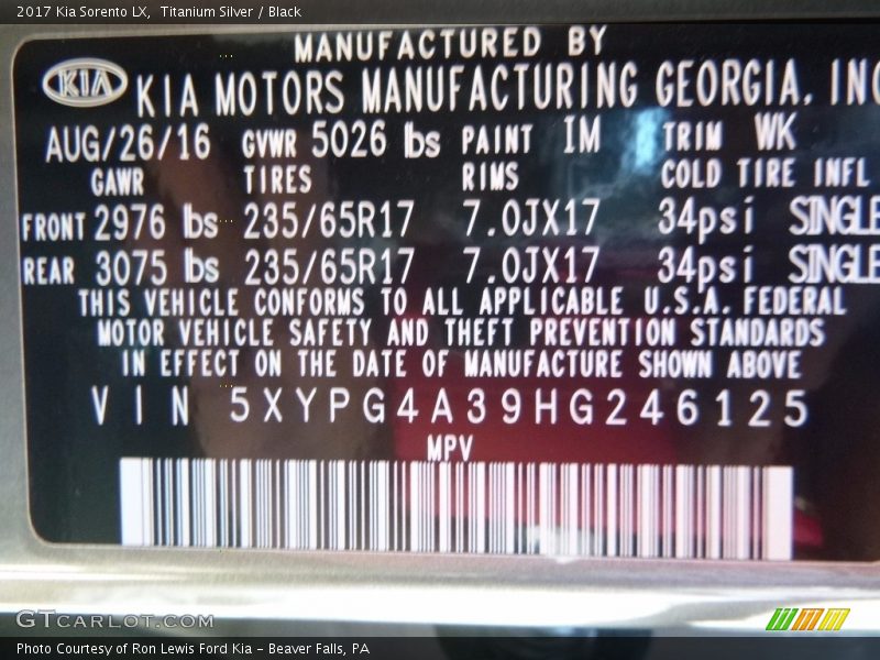 2017 Sorento LX Titanium Silver Color Code IM