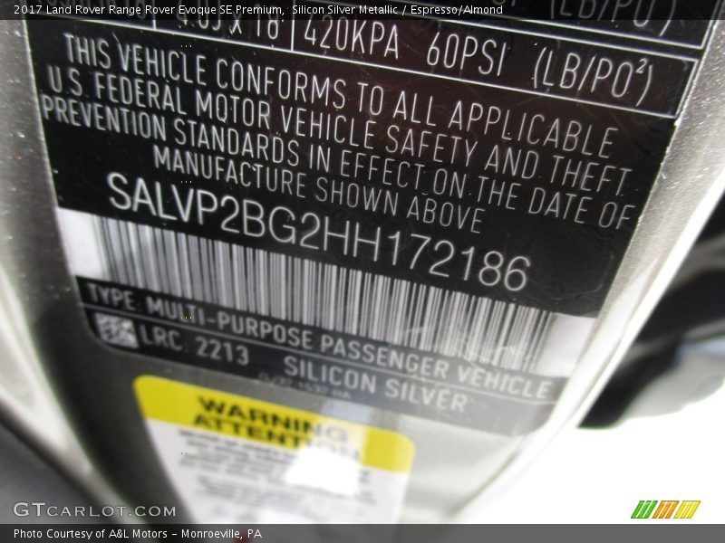 2017 Range Rover Evoque SE Premium Silicon Silver Metallic Color Code 2213