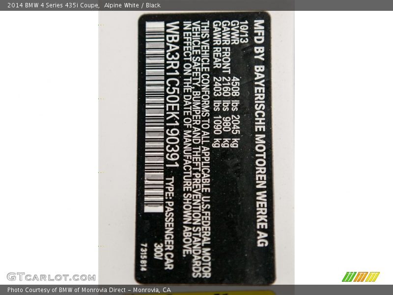 Alpine White / Black 2014 BMW 4 Series 435i Coupe