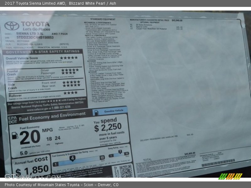 Blizzard White Pearl / Ash 2017 Toyota Sienna Limited AWD