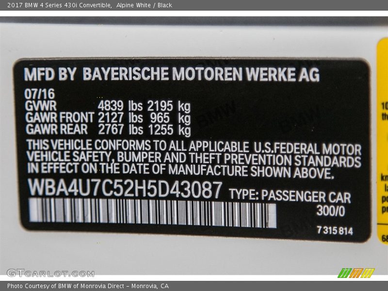 2017 4 Series 430i Convertible Alpine White Color Code 300