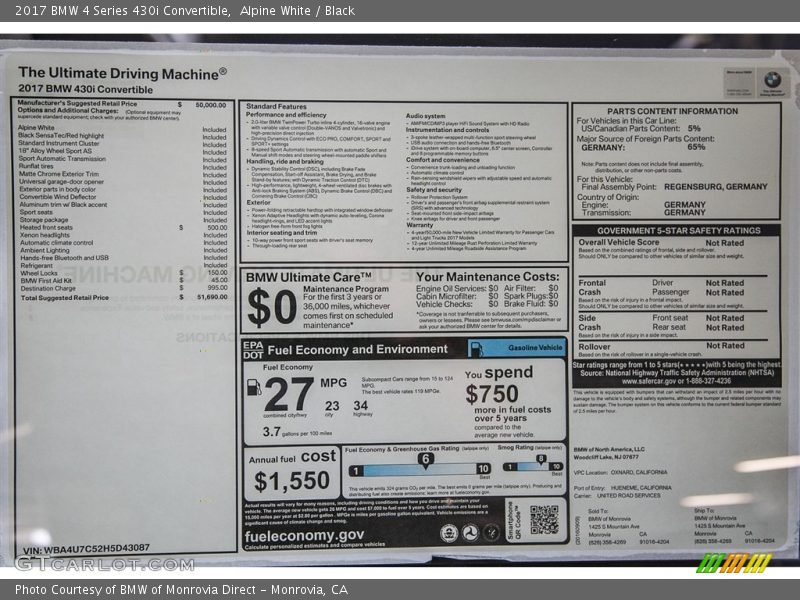  2017 4 Series 430i Convertible Window Sticker