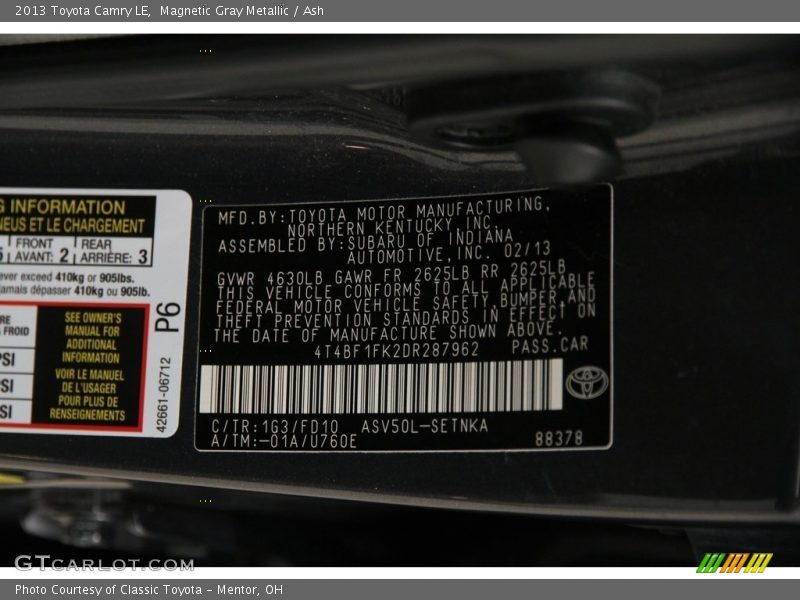 Magnetic Gray Metallic / Ash 2013 Toyota Camry LE