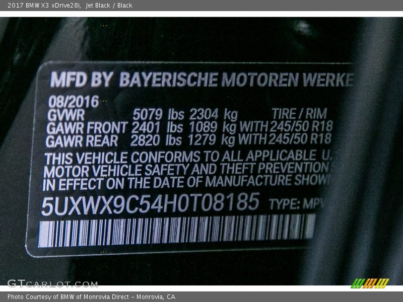 Jet Black / Black 2017 BMW X3 xDrive28i