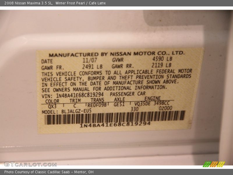 Winter Frost Pearl / Cafe Latte 2008 Nissan Maxima 3.5 SL
