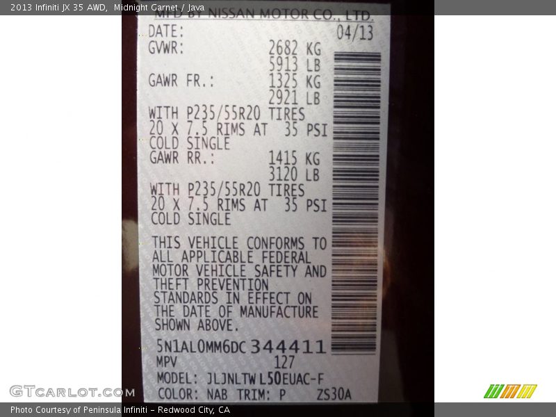 Midnight Garnet / Java 2013 Infiniti JX 35 AWD