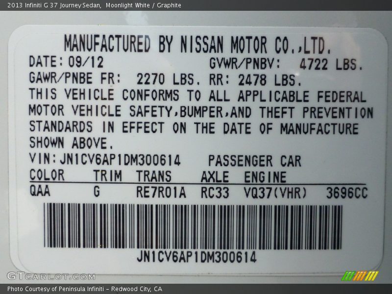 Moonlight White / Graphite 2013 Infiniti G 37 Journey Sedan