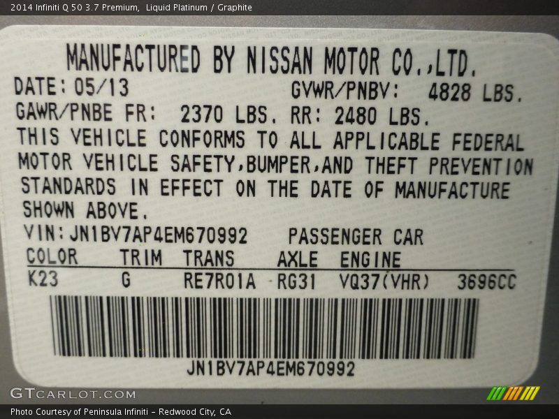Liquid Platinum / Graphite 2014 Infiniti Q 50 3.7 Premium