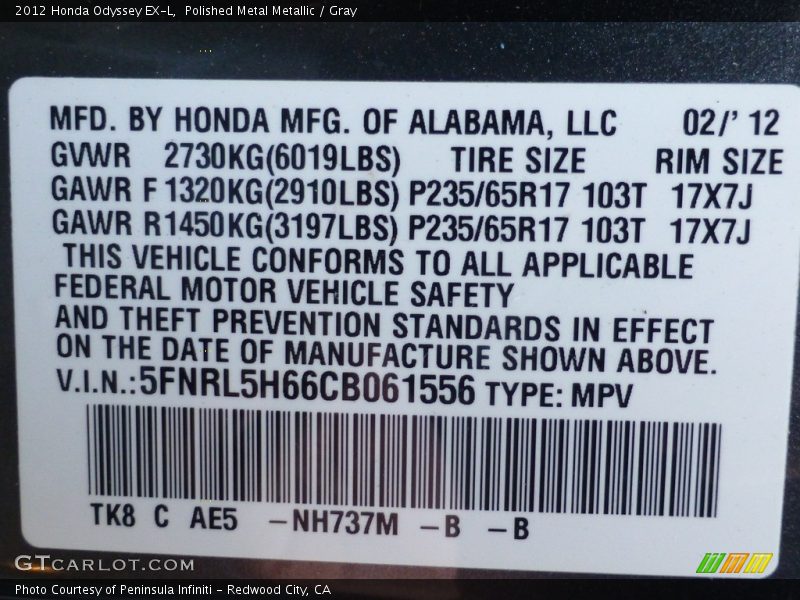Polished Metal Metallic / Gray 2012 Honda Odyssey EX-L