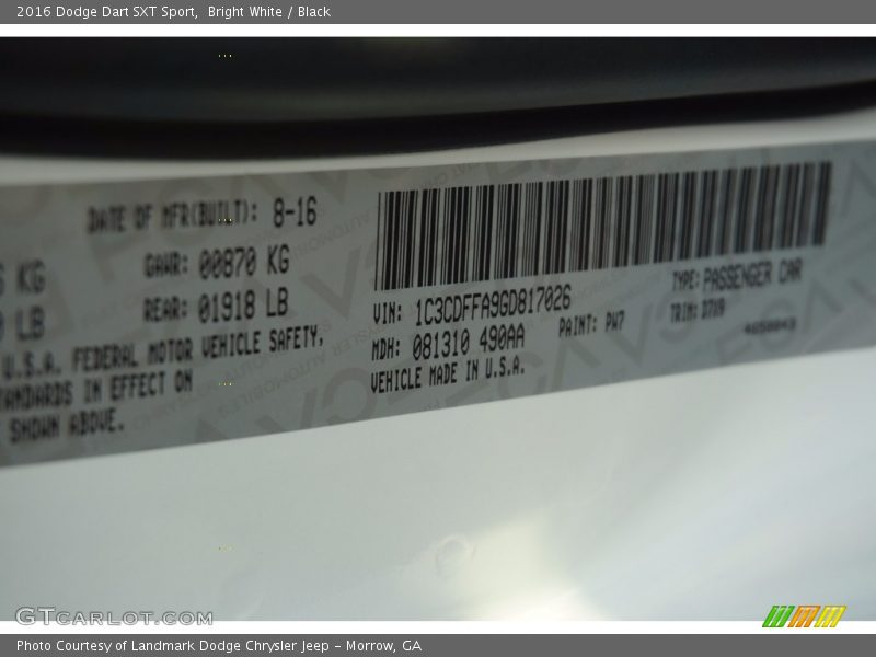 Bright White / Black 2016 Dodge Dart SXT Sport