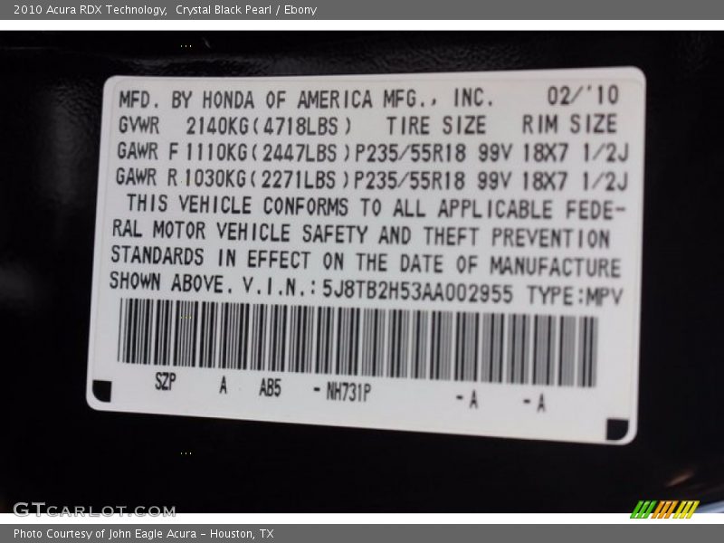 Crystal Black Pearl / Ebony 2010 Acura RDX Technology