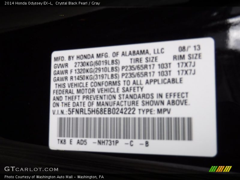 Crystal Black Pearl / Gray 2014 Honda Odyssey EX-L