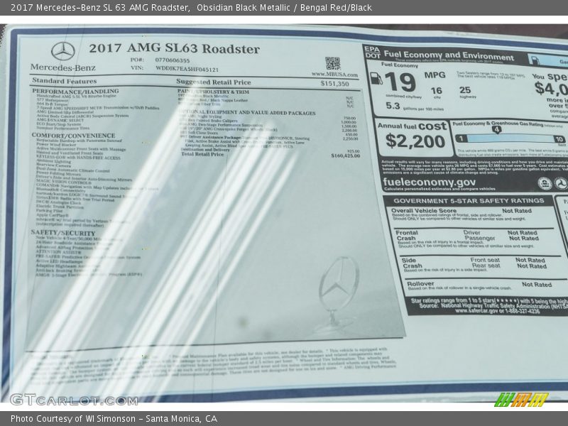  2017 SL 63 AMG Roadster Window Sticker