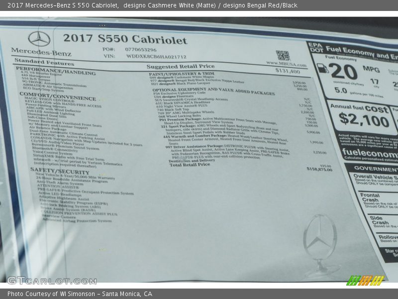  2017 S 550 Cabriolet Window Sticker