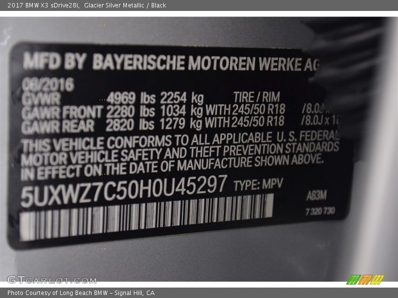 Glacier Silver Metallic / Black 2017 BMW X3 sDrive28i