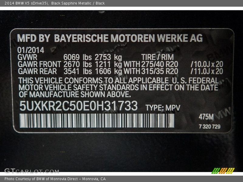 2014 X5 sDrive35i Black Sapphire Metallic Color Code 475
