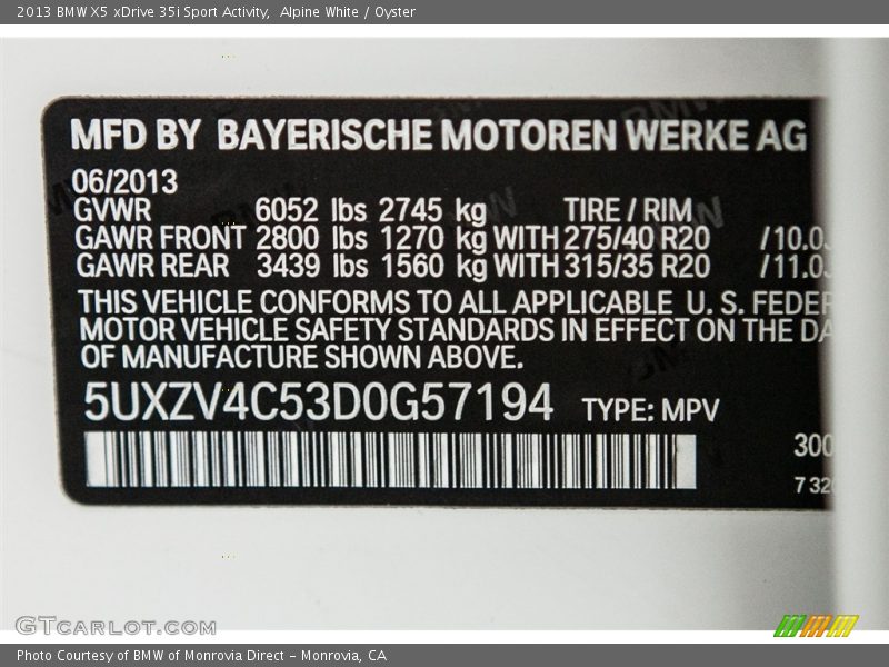 Alpine White / Oyster 2013 BMW X5 xDrive 35i Sport Activity