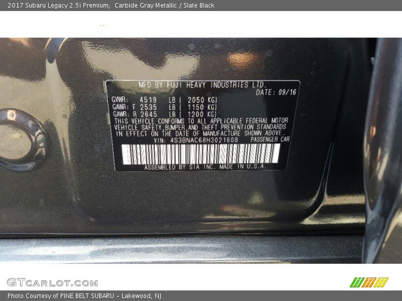 Carbide Gray Metallic / Slate Black 2017 Subaru Legacy 2.5i Premium
