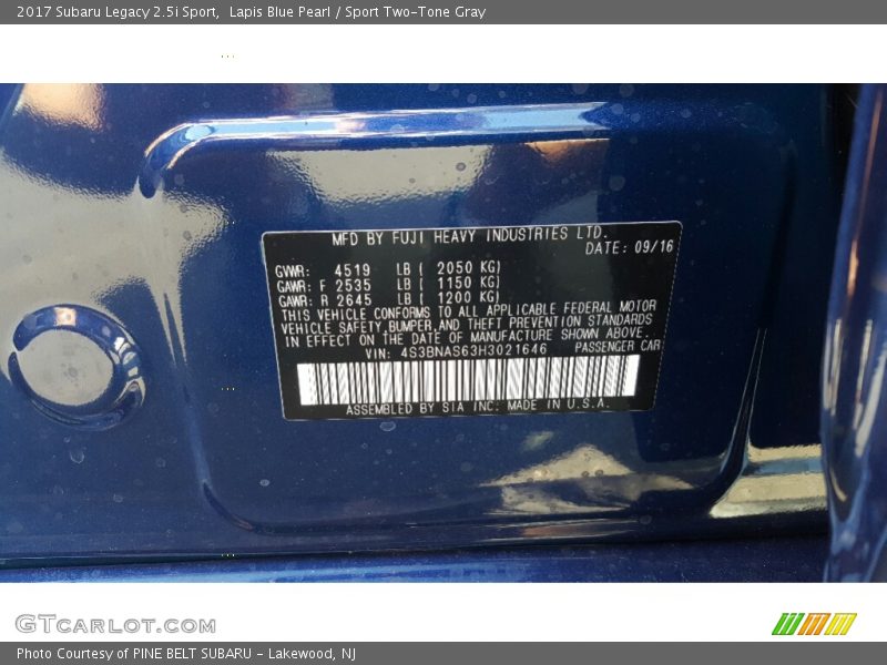 Lapis Blue Pearl / Sport Two-Tone Gray 2017 Subaru Legacy 2.5i Sport