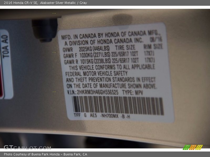 Alabaster Silver Metallic / Gray 2016 Honda CR-V SE