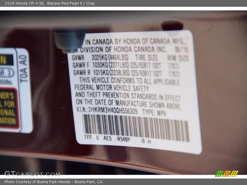 Basque Red Pearl II / Gray 2016 Honda CR-V SE