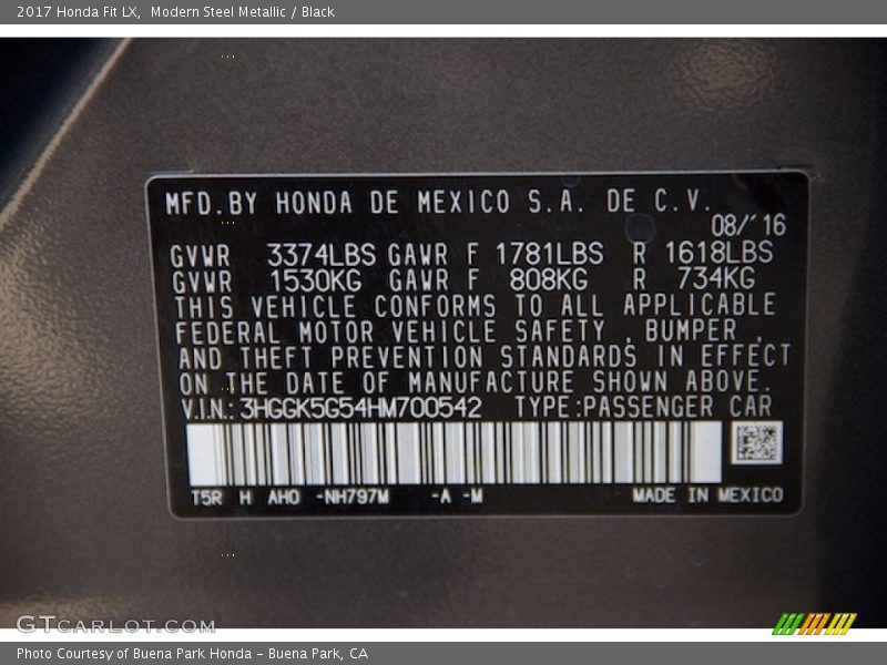 2017 Fit LX Modern Steel Metallic Color Code NH797M