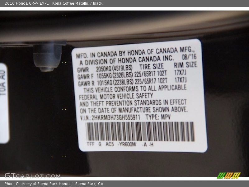 Kona Coffee Metallic / Black 2016 Honda CR-V EX-L