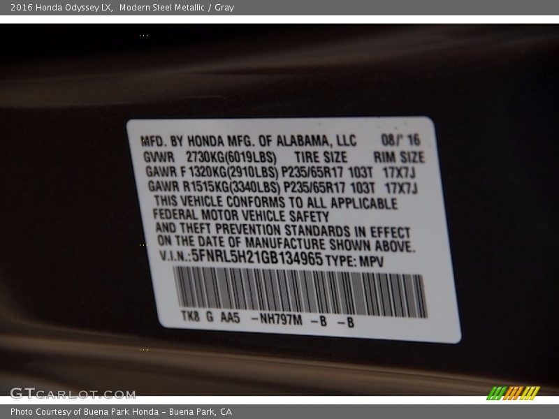 Modern Steel Metallic / Gray 2016 Honda Odyssey LX