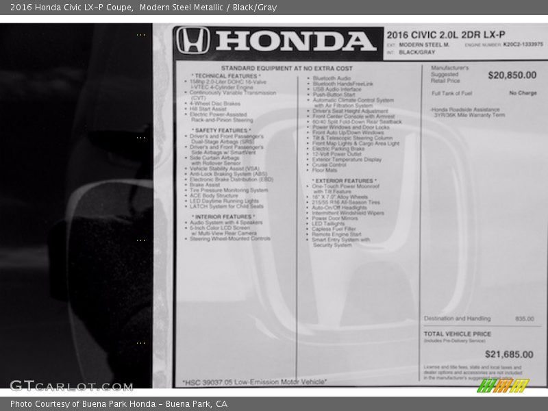Modern Steel Metallic / Black/Gray 2016 Honda Civic LX-P Coupe