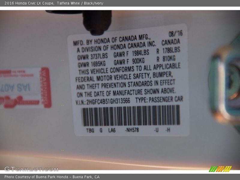 Taffeta White / Black/Ivory 2016 Honda Civic LX Coupe