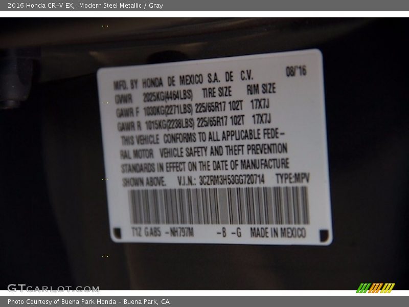 Modern Steel Metallic / Gray 2016 Honda CR-V EX