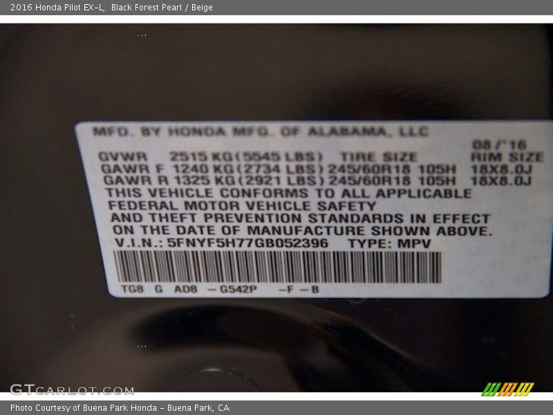 2016 Pilot EX-L Black Forest Pearl Color Code G542P