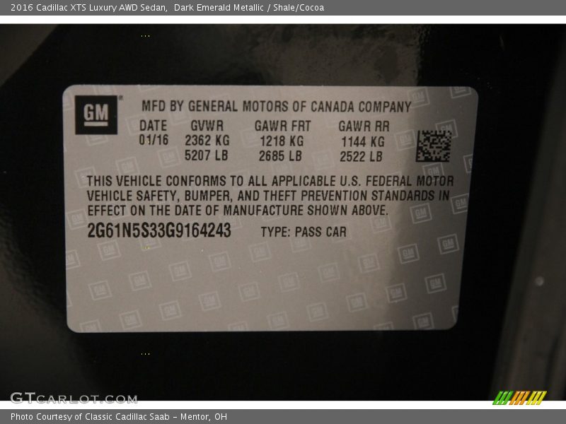 Dark Emerald Metallic / Shale/Cocoa 2016 Cadillac XTS Luxury AWD Sedan