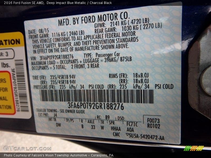Deep Impact Blue Metallic / Charcoal Black 2016 Ford Fusion SE AWD