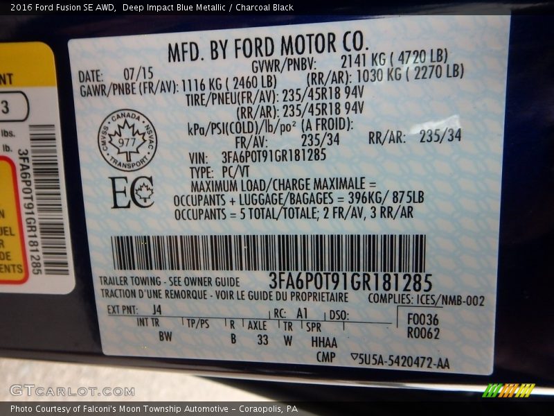 Deep Impact Blue Metallic / Charcoal Black 2016 Ford Fusion SE AWD