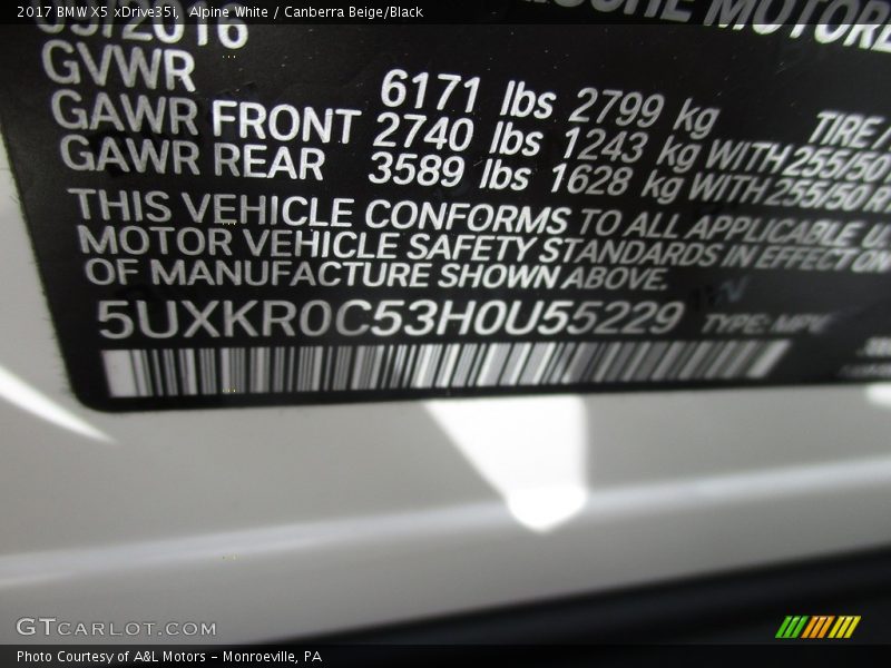 Alpine White / Canberra Beige/Black 2017 BMW X5 xDrive35i