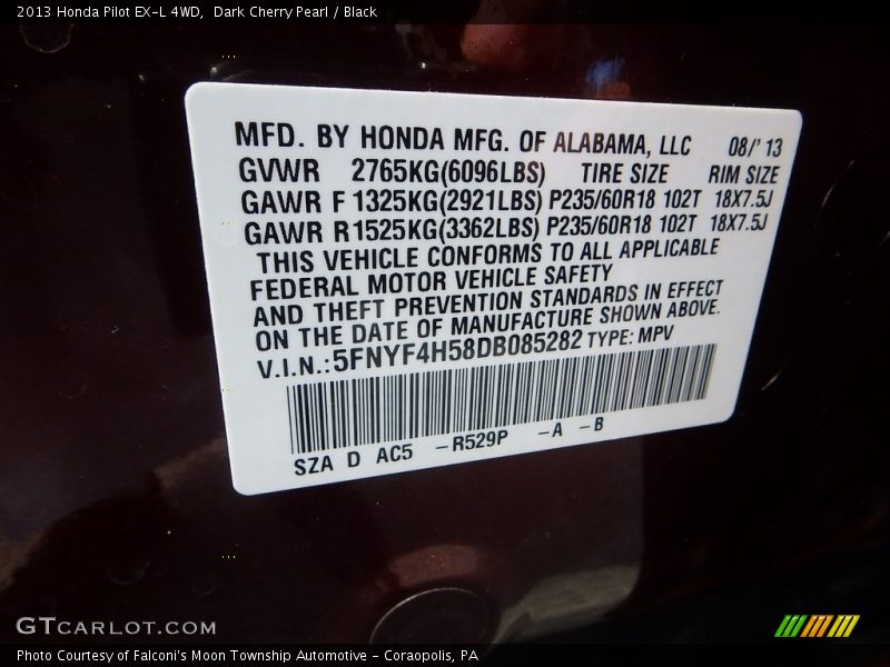 Dark Cherry Pearl / Black 2013 Honda Pilot EX-L 4WD