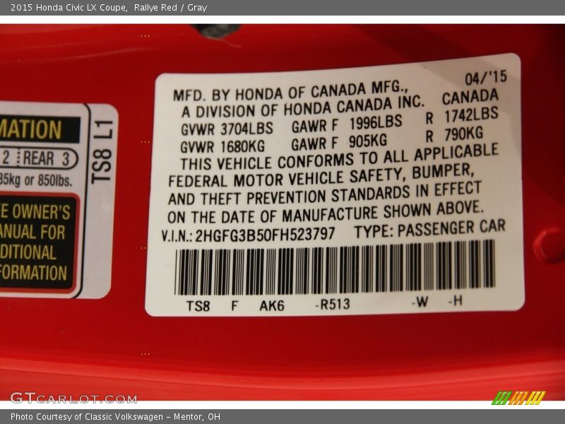 Rallye Red / Gray 2015 Honda Civic LX Coupe