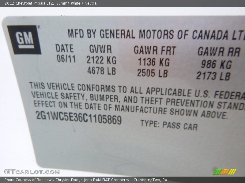 Summit White / Neutral 2012 Chevrolet Impala LTZ