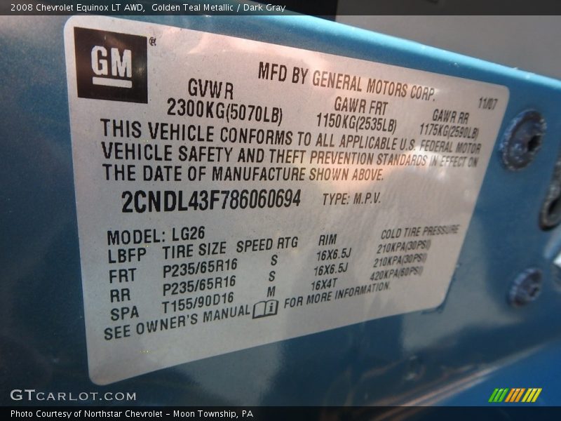 Golden Teal Metallic / Dark Gray 2008 Chevrolet Equinox LT AWD