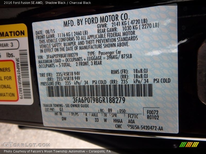 Shadow Black / Charcoal Black 2016 Ford Fusion SE AWD