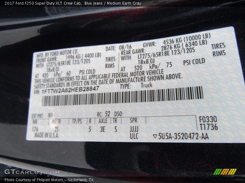 2017 F250 Super Duty XLT Crew Cab Blue Jeans Color Code N1