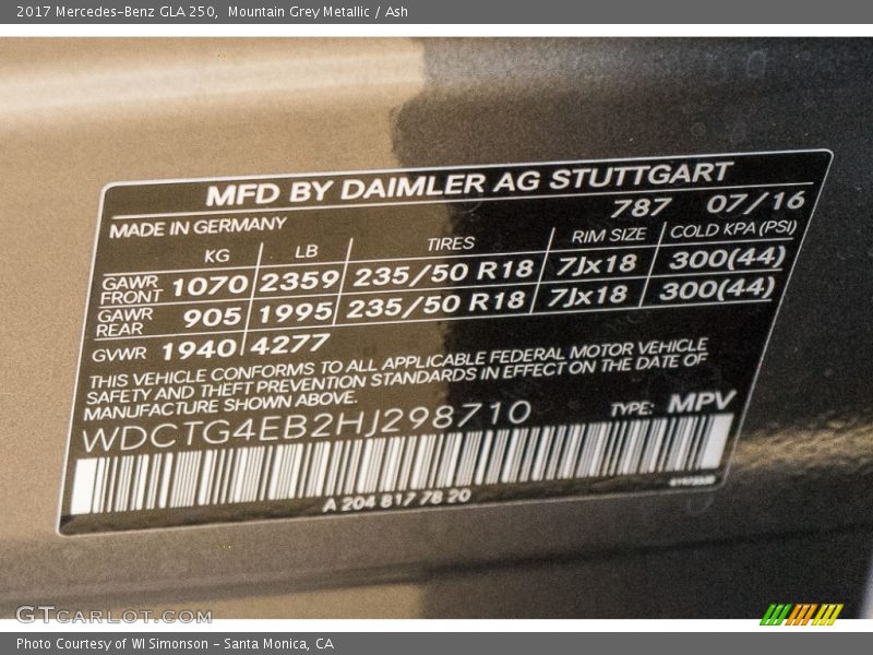 2017 GLA 250 Mountain Grey Metallic Color Code 787