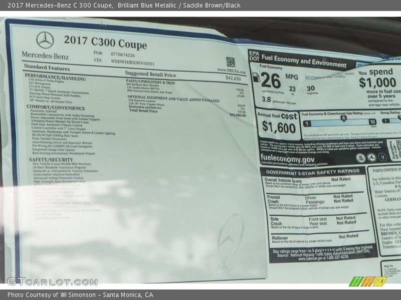 Brilliant Blue Metallic / Saddle Brown/Black 2017 Mercedes-Benz C 300 Coupe