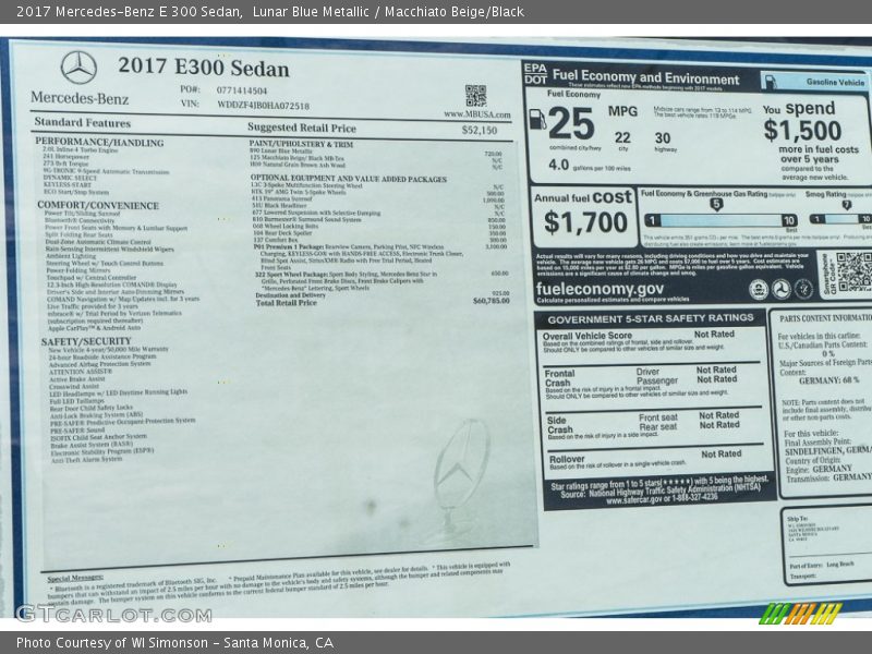 Lunar Blue Metallic / Macchiato Beige/Black 2017 Mercedes-Benz E 300 Sedan