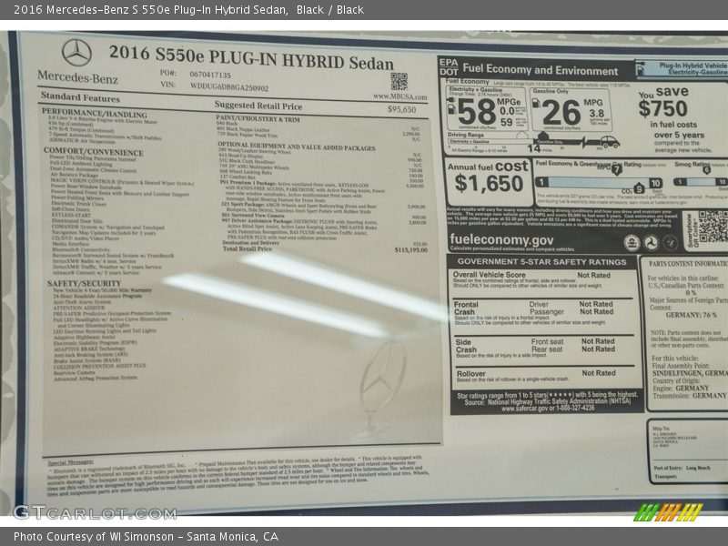  2016 S 550e Plug-In Hybrid Sedan Window Sticker