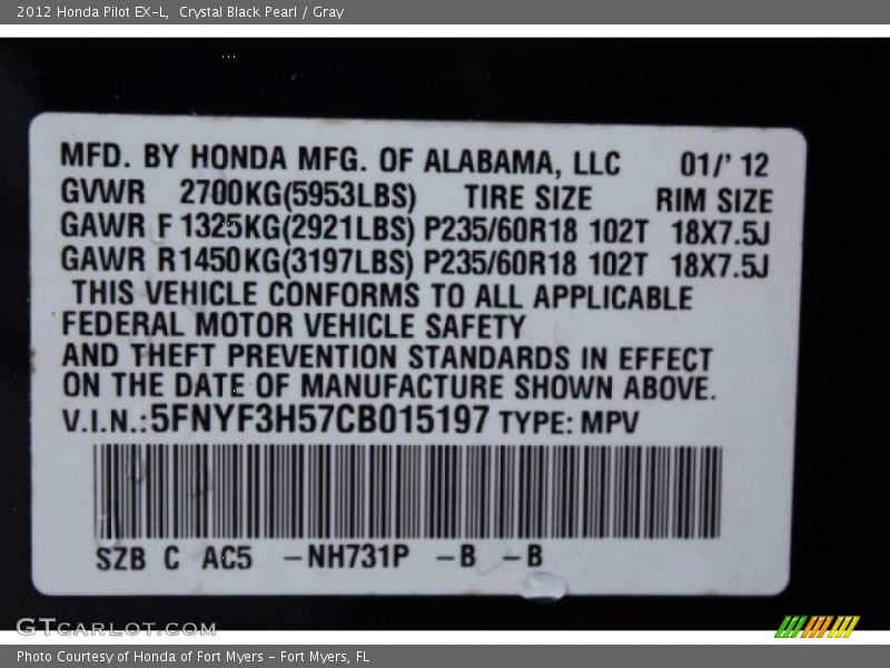 Crystal Black Pearl / Gray 2012 Honda Pilot EX-L
