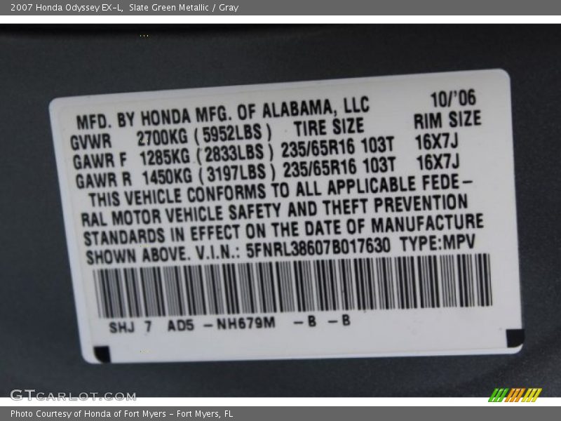 Slate Green Metallic / Gray 2007 Honda Odyssey EX-L
