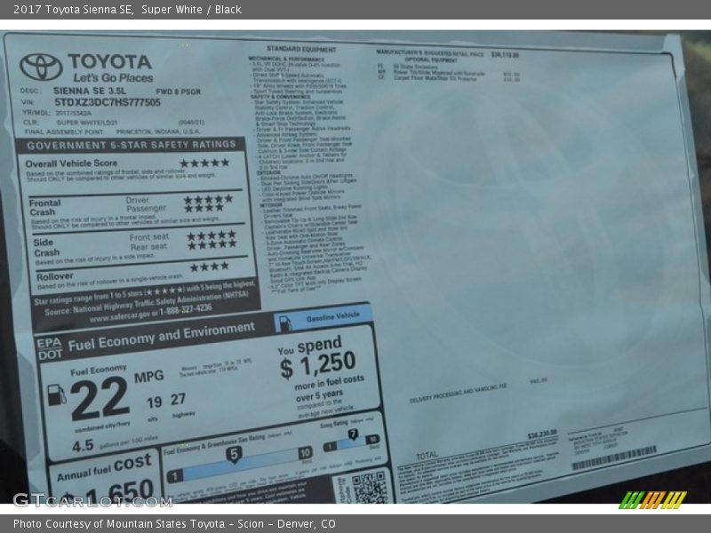  2017 Sienna SE Window Sticker