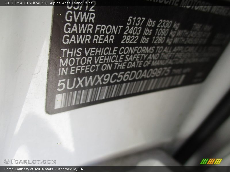 Alpine White / Sand Beige 2013 BMW X3 xDrive 28i